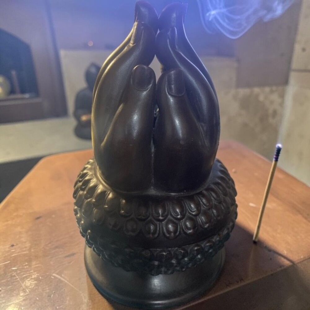 7" Buddha Praying Hands Incense Holder – Purple Clay - EUC